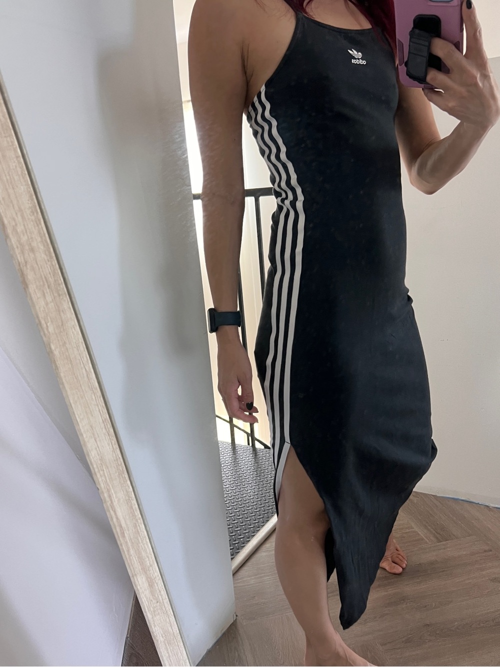 adidas Black Maxi Dress with White Side Stripes and High Slit ** marks.  XS - Picture 5 of 6